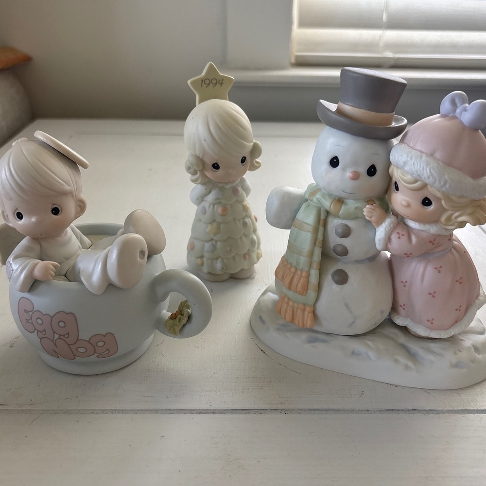 Precious Moments Christmas Figurine Lot Snow Man Like My Man Angel Egg Nog 1994
